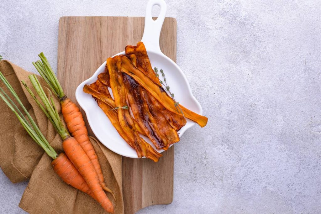Plant based vegetarian bacon from carrot. Healthy meat alternative