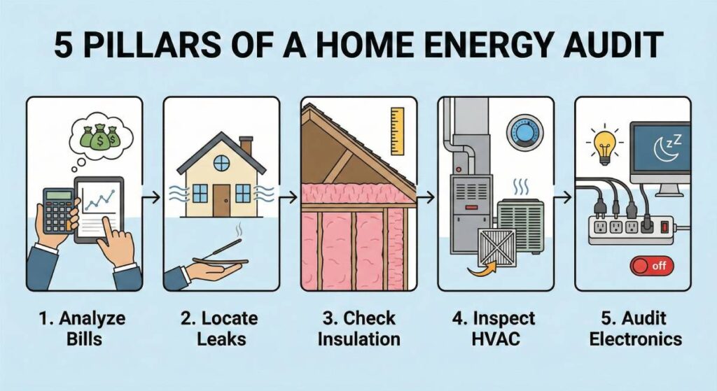 Infographic showing 5 steps to do a home energy audit including leak detection and HVAC check